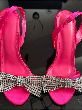 Women’s Hot Pink Satin Slingback Sandals with Crystal Bow